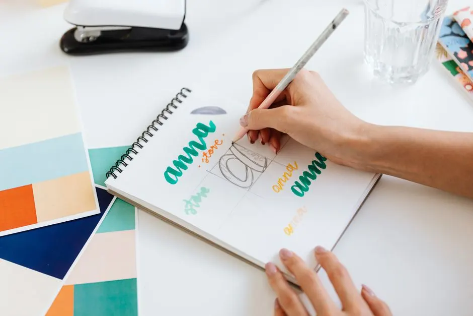 Croquis de logo dessiné à la main entouré d'échantillons de couleurs