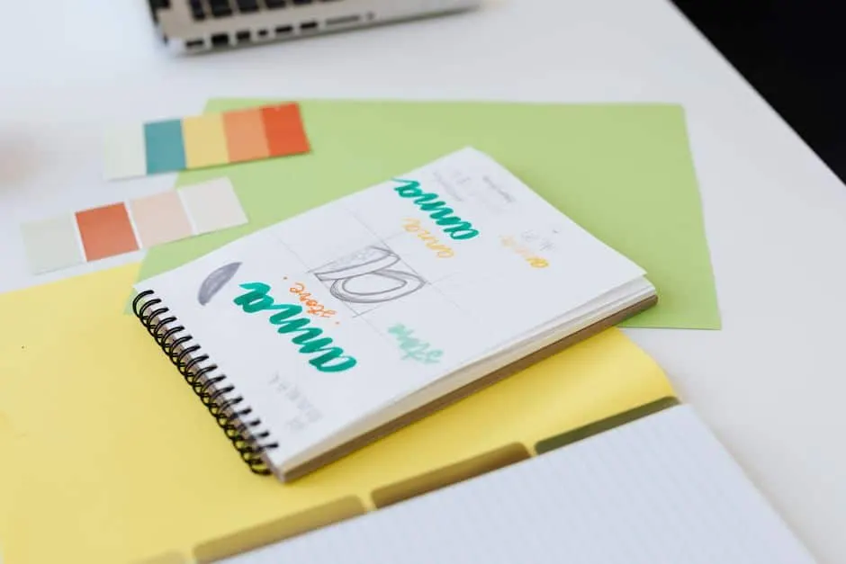 Carnet de croquis de logo et nuancier de couleurs posés sur un bureau