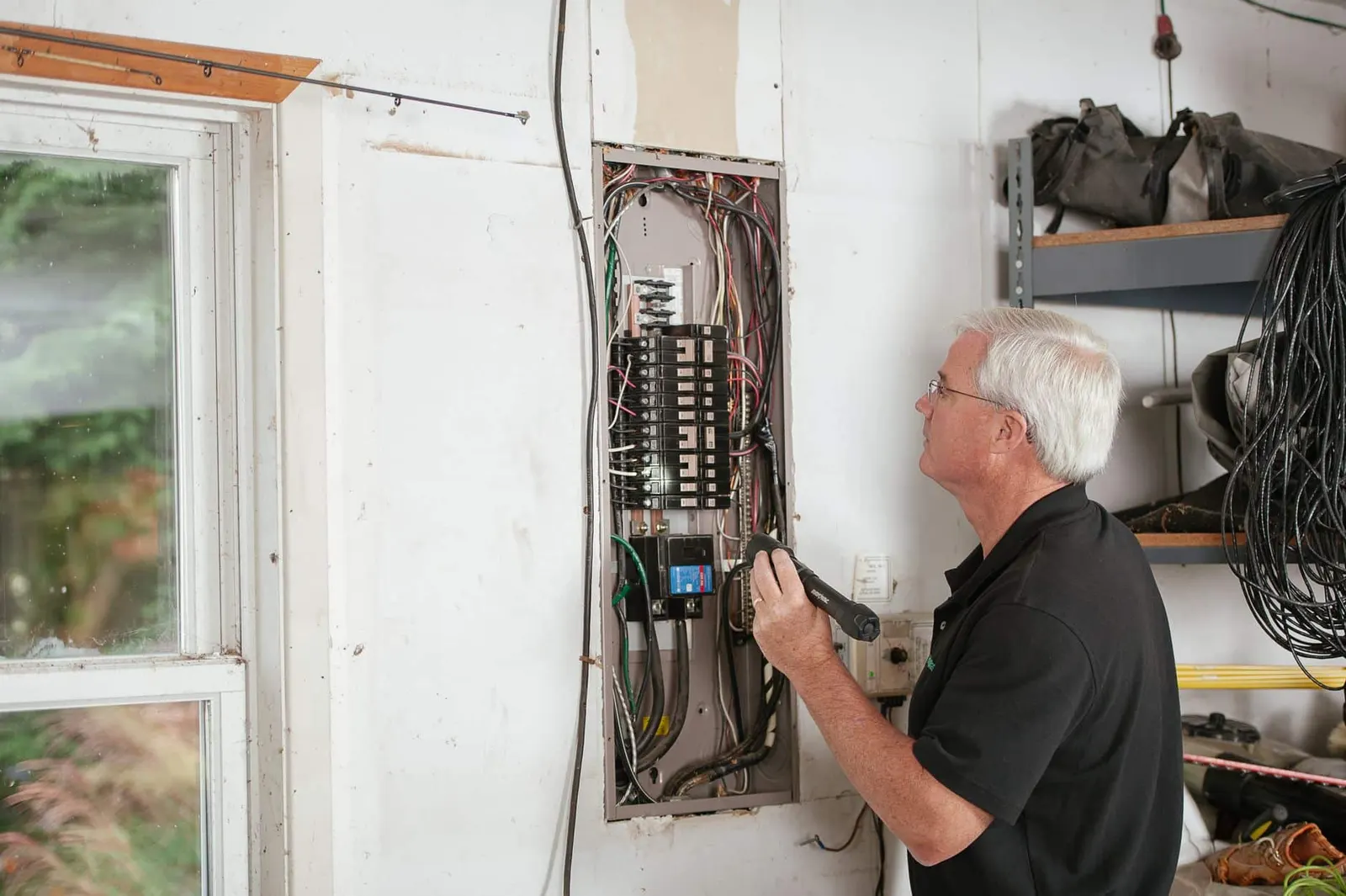 Électricien qui contrôle un tableau électrique résidentiel lors d'une mise aux normes