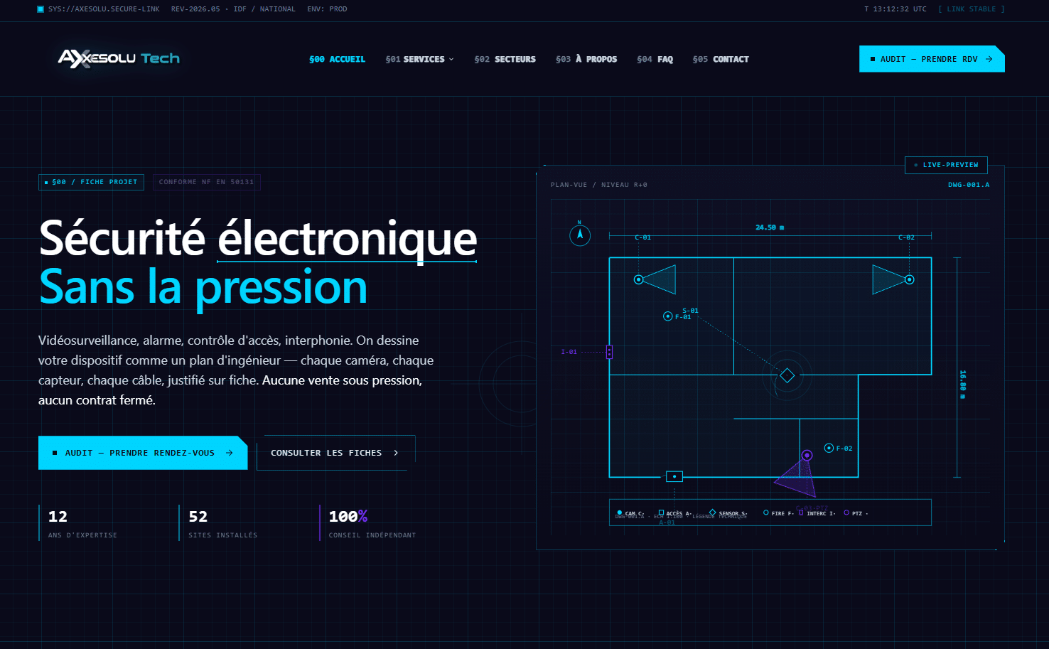 Site d'Axesolu Tech, sécurité électronique et vidéosurveillance sur mesure, conçu par TroisSix