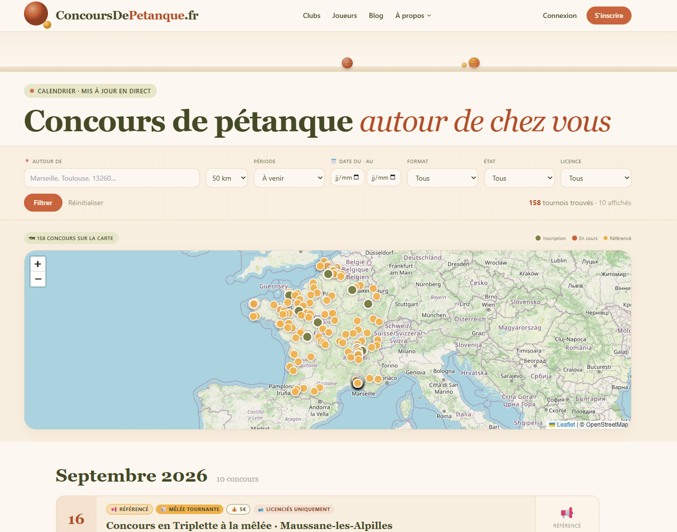 Site ConcoursDePetanque.fr, plateforme de concours de pétanque avec carte et calendrier, conçu par TroisSix